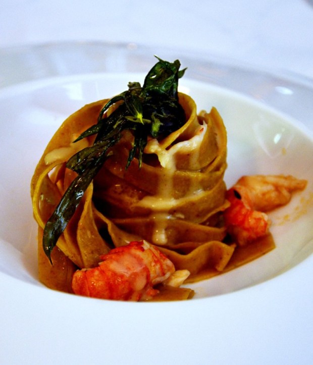 Desiccated shrimp pasta with shrimp, and a coconut milk and liquorice sauce